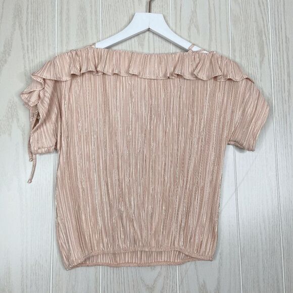 Bebe Women's Cross Detail Ruffle Top Pink Size Small Metallic Striped - Picture 5 of 6